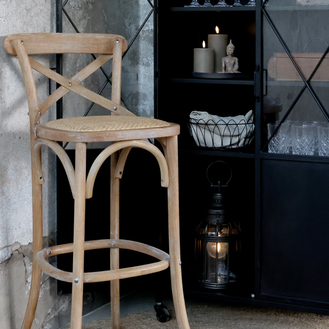 Wooden bar stool with cafe style back.