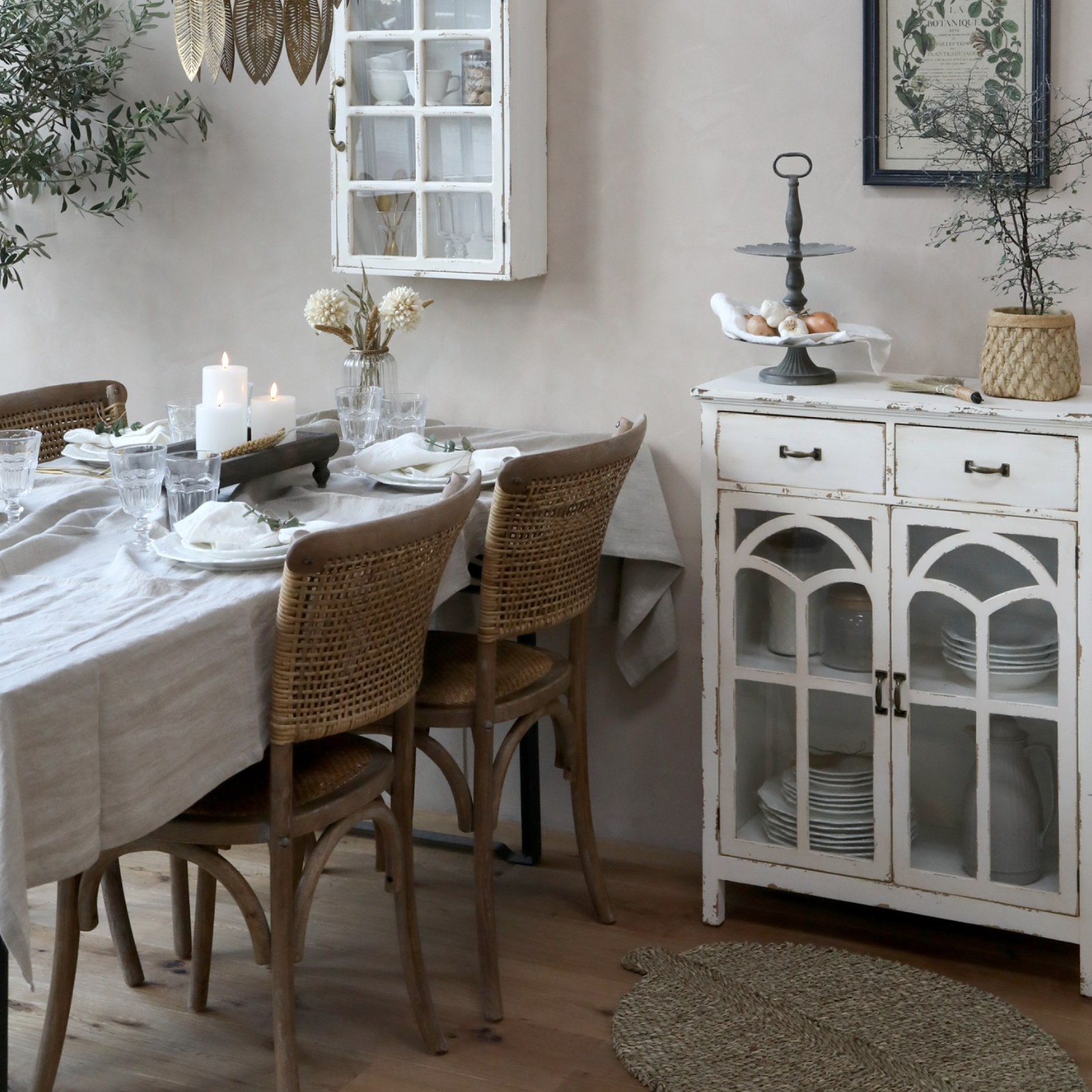 wicker dining chairs at table.