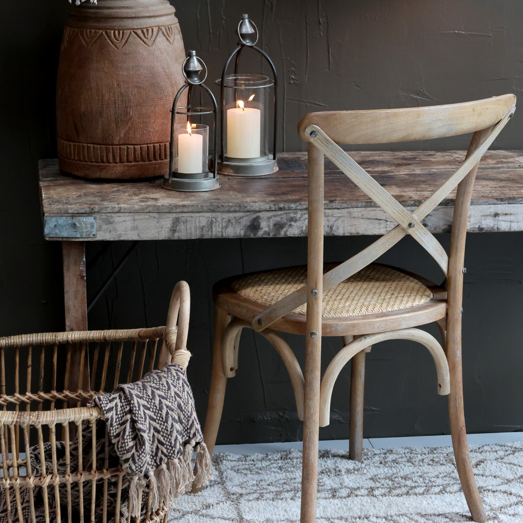 Rustic Dining chair and table with candles.