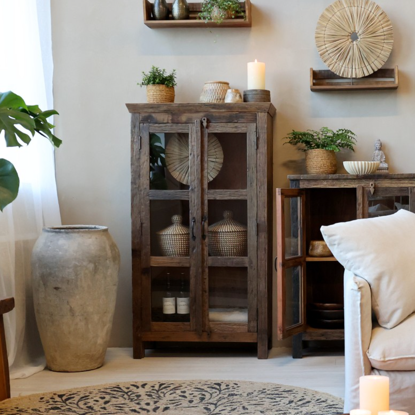 Reclaimed Wooden Cabinet with glass doors.