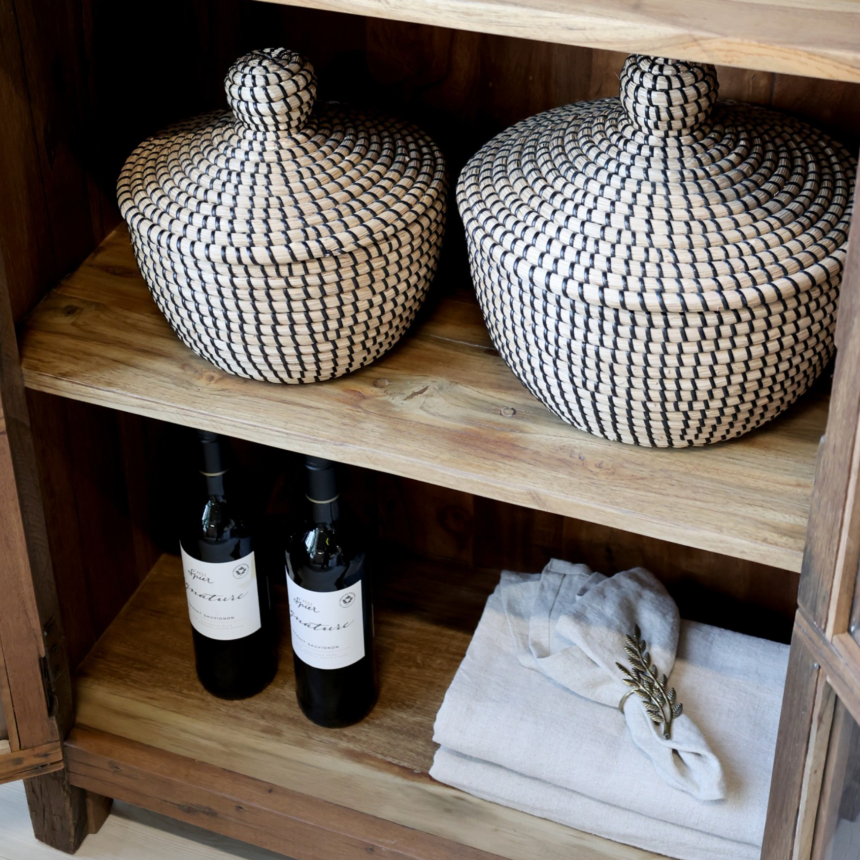 Reclaimed Wooden Cabinet with decorative baskets
