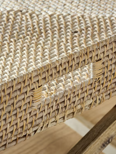 Close up of rattan tray coffee table.