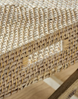 Close up of rattan tray coffee table.
