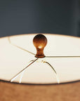 Close up of lamp shade switched on with wooden top.