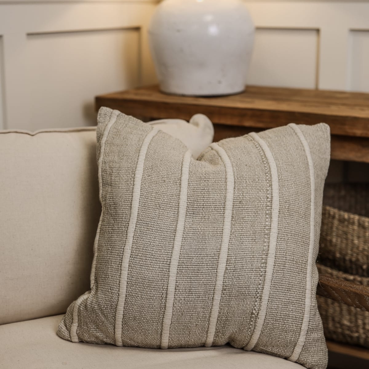 Wren Cotton Striped Cushion – Silver Mushroom