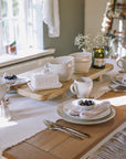 wooden table with ceramic crockery.