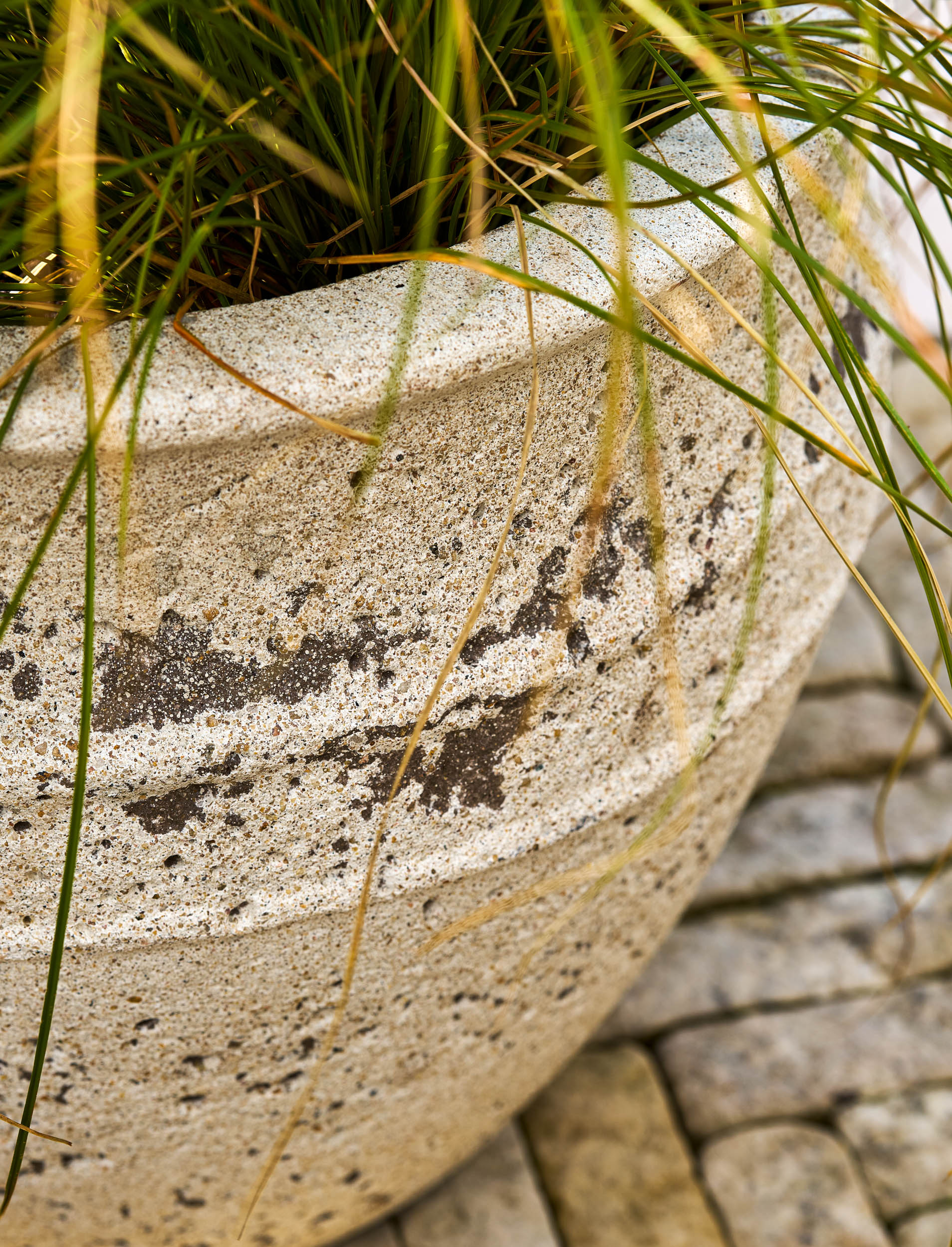 Large outdoor planter with grass growing out of it on a stone pavement