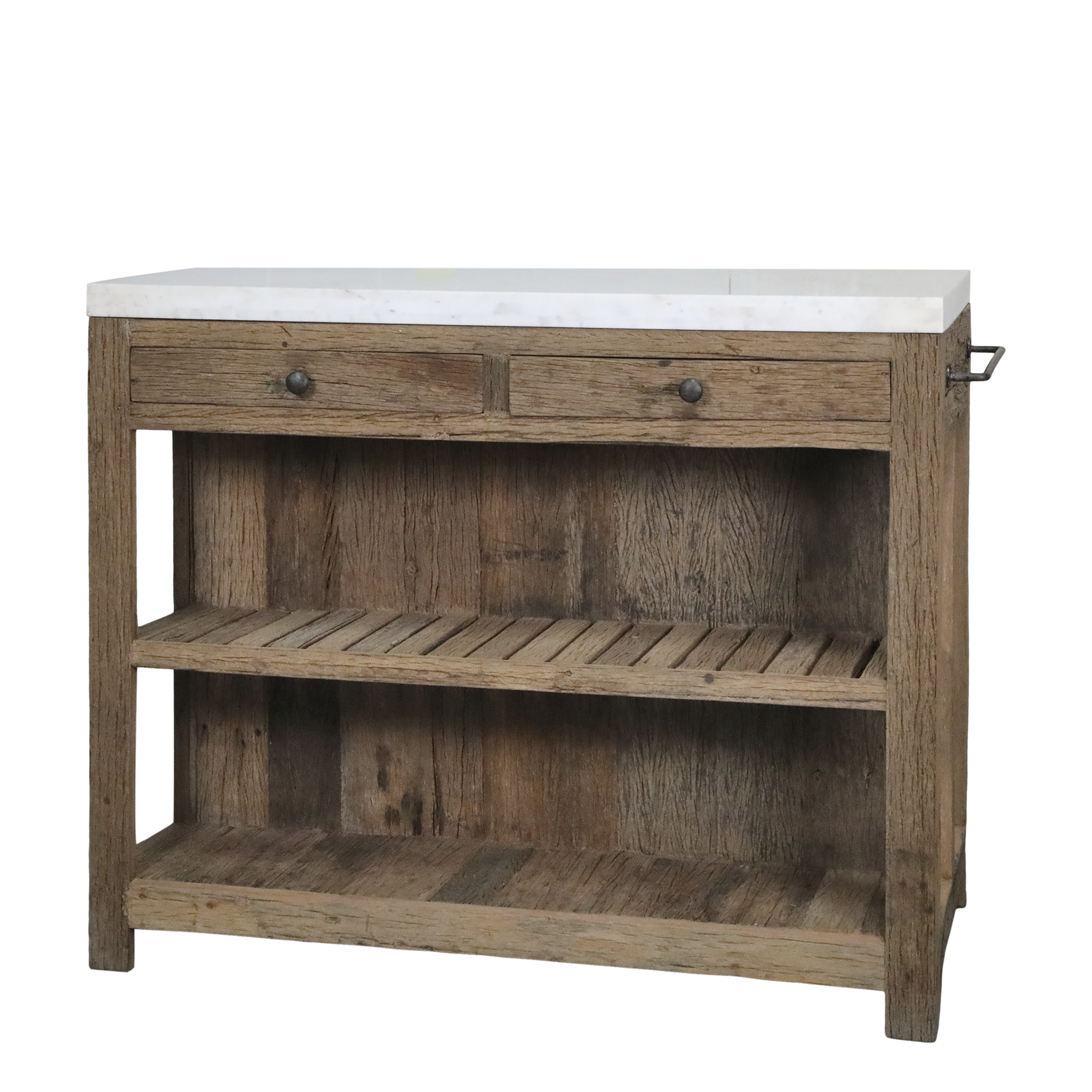 Wooden butchers block with marble top on a white background