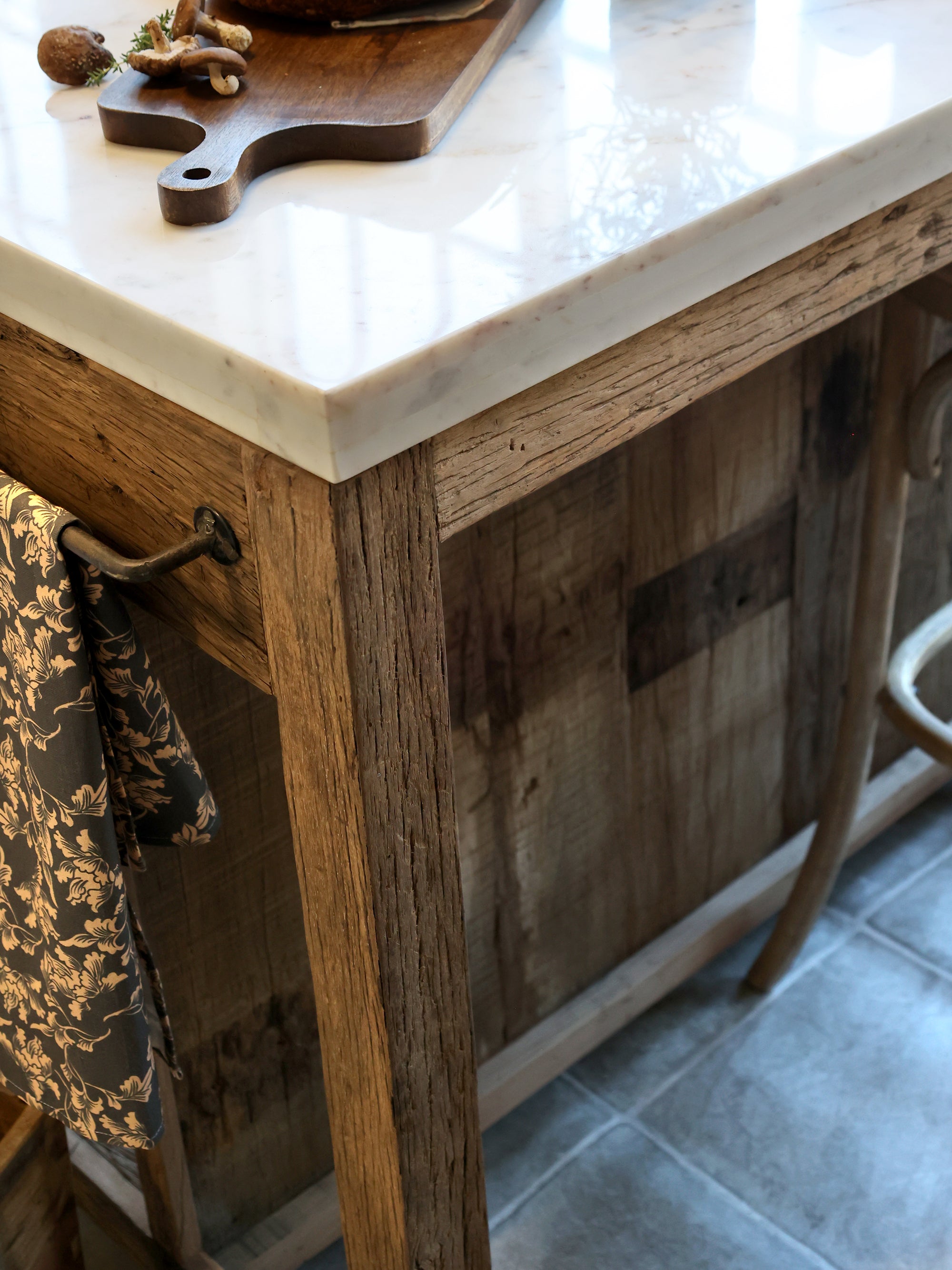 Wooden butchers block with marble top and towel rack