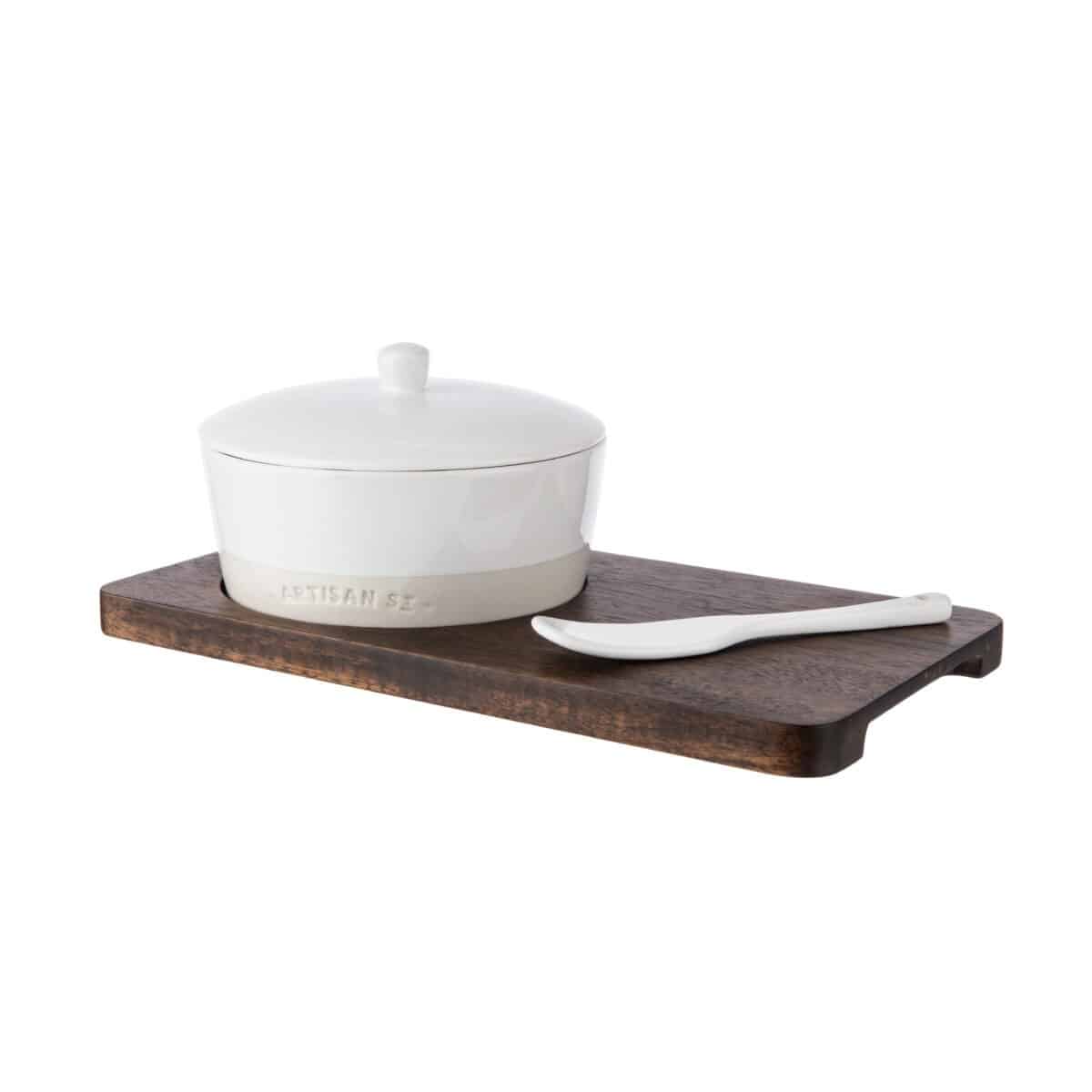  Stoneware Cheese Baker Set on wooden paddle.
