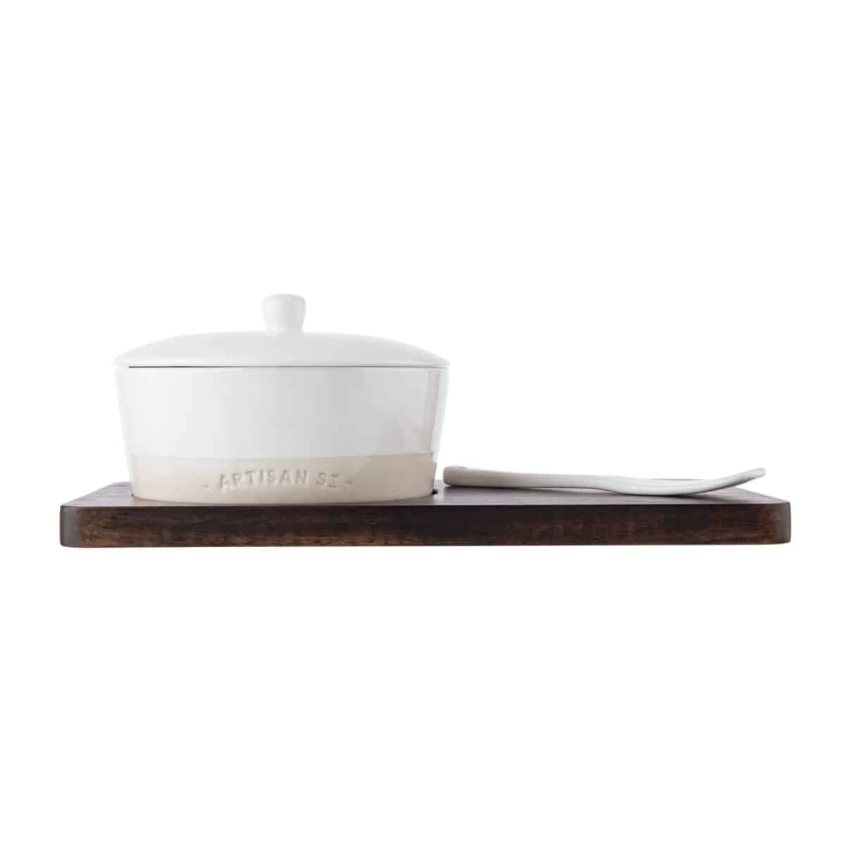  Stoneware Cheese Baker Set on wooden paddle.