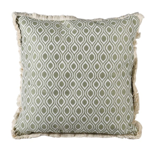 Green cushion cover with ogee pattern and fringed edge.