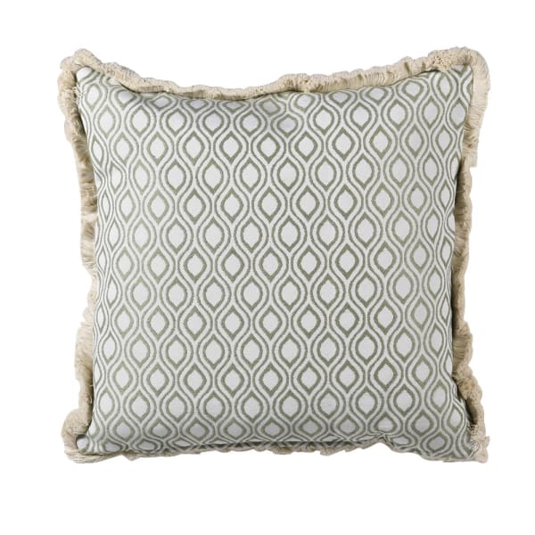 Green and white cushion cover with fringed edge and ogee pattern.