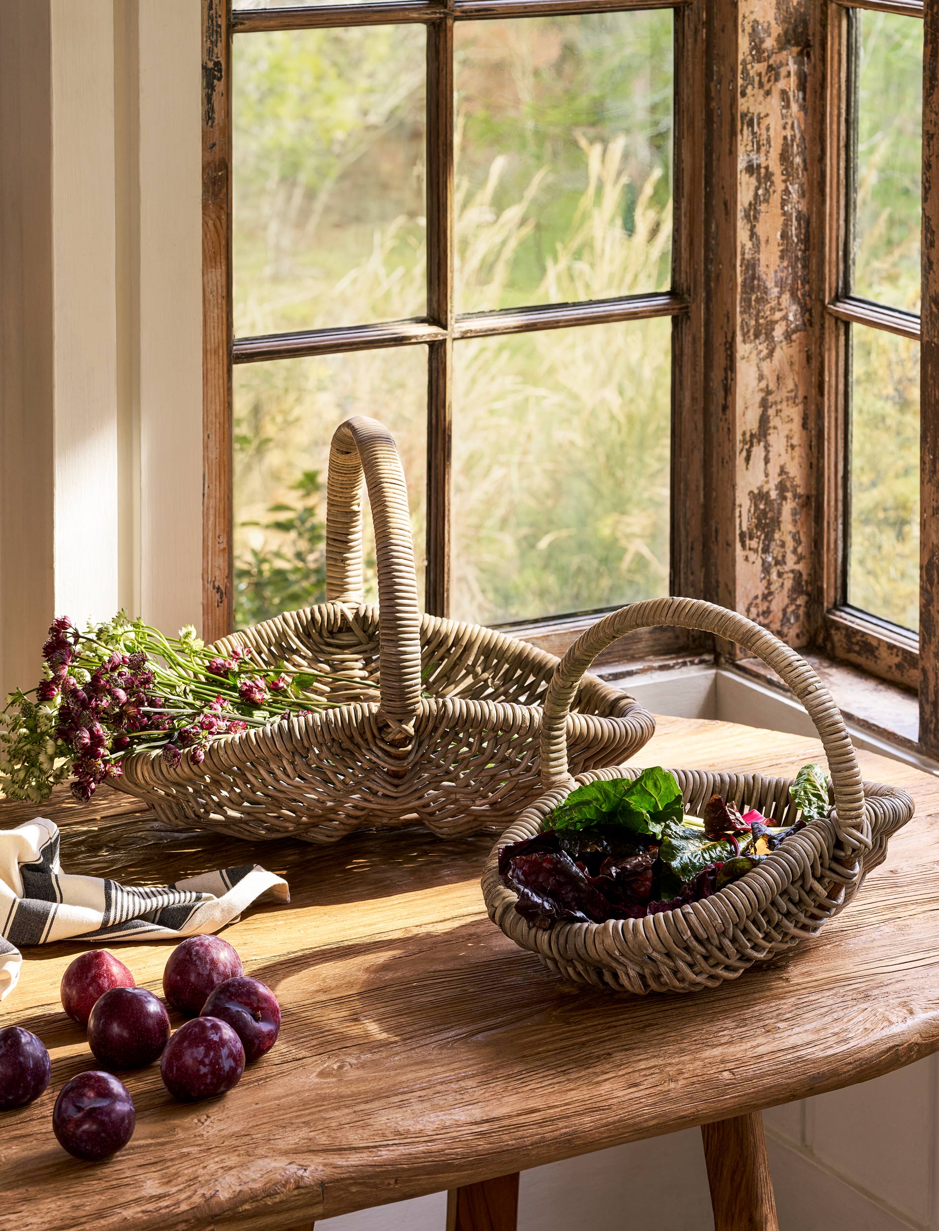 Rattan garden trug baskets on a wooden table with plums and greenery near a window