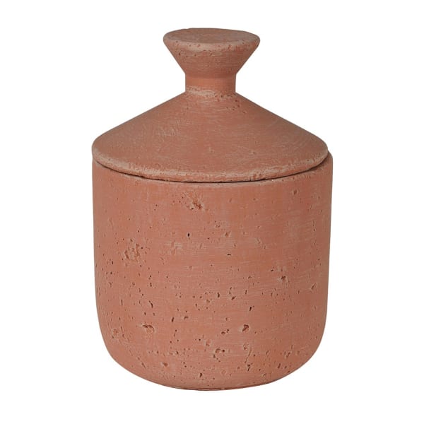 Small terracotta decorative jar with lid on.