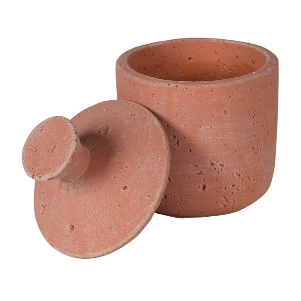 Small terracotta decorative jar with lid off.