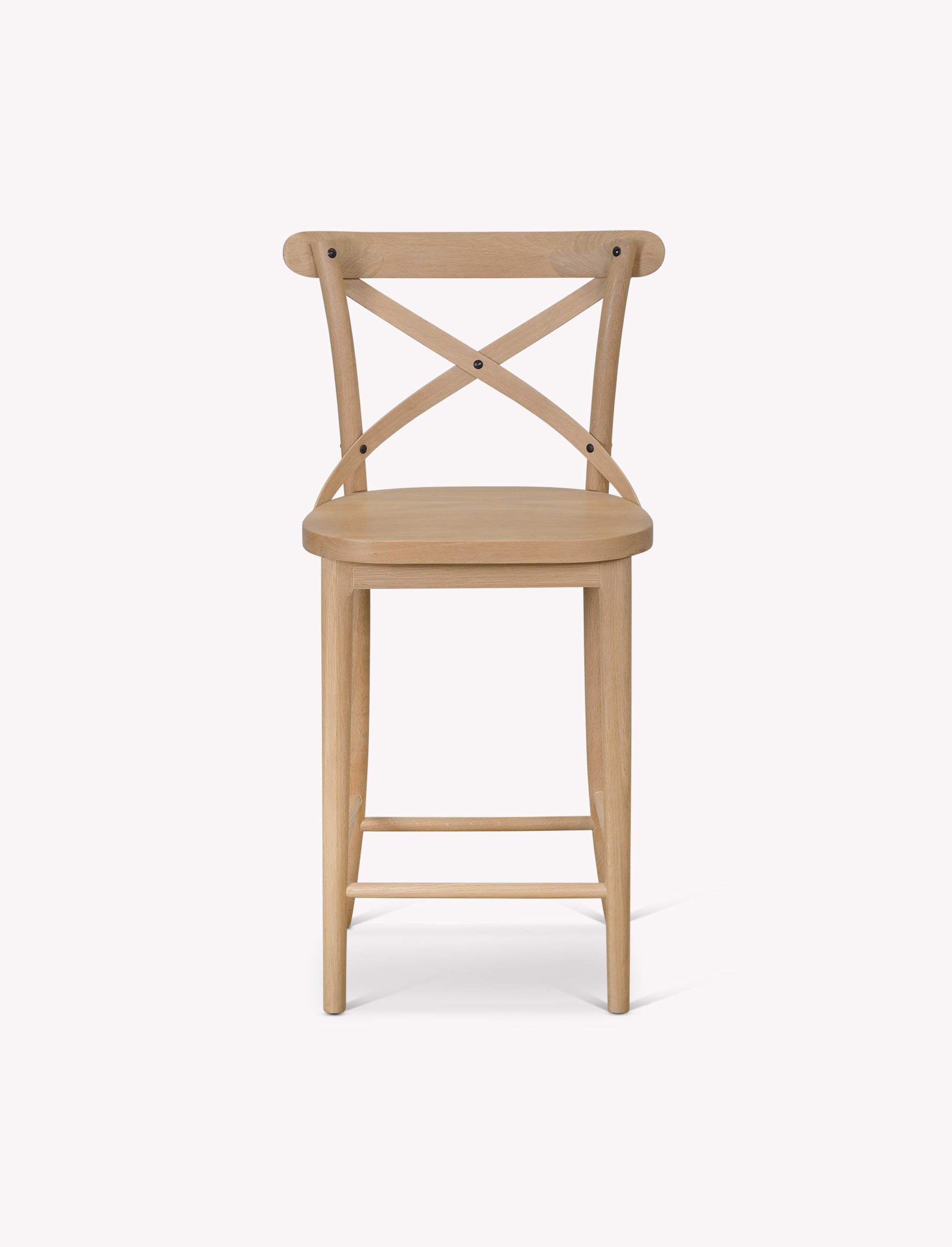 Wooden bar stool with a cross-back design on a white background