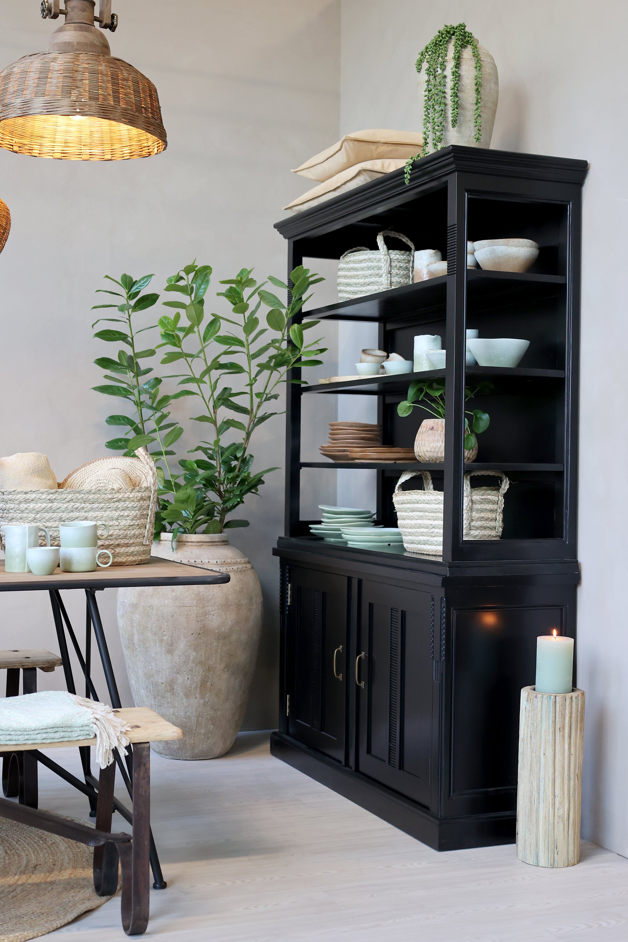 Black shelving unit filled with kitchen crockery in room with plants.