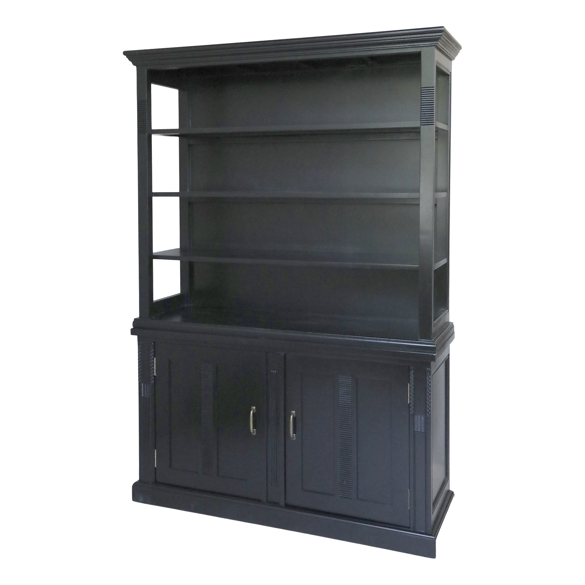 Black shelving unit, with 4 shelves and 2 lower cupboards.
