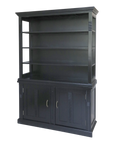 Black shelving unit, with 4 shelves and 2 lower cupboards.