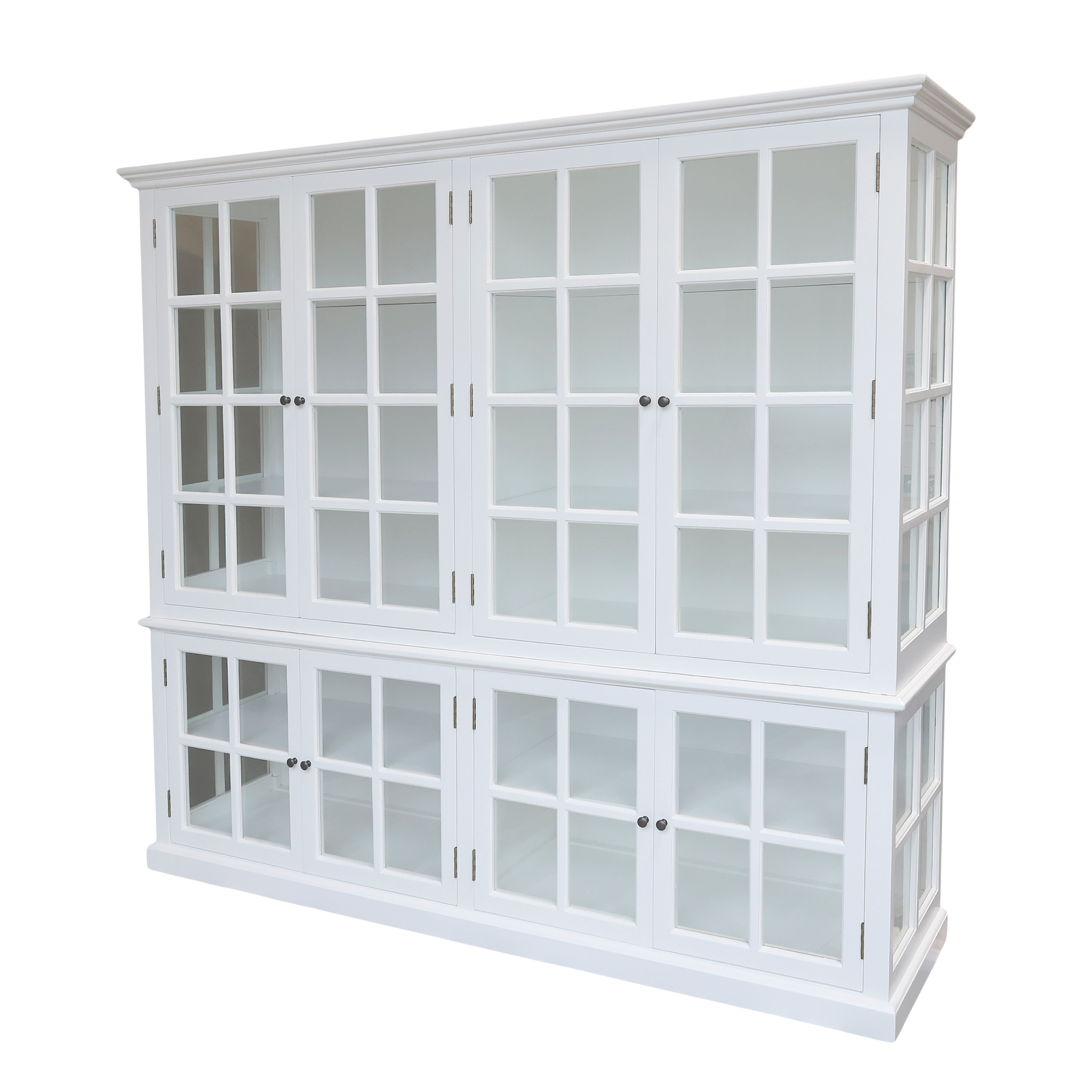 Product image of large white armoire cabinet with glass doors.