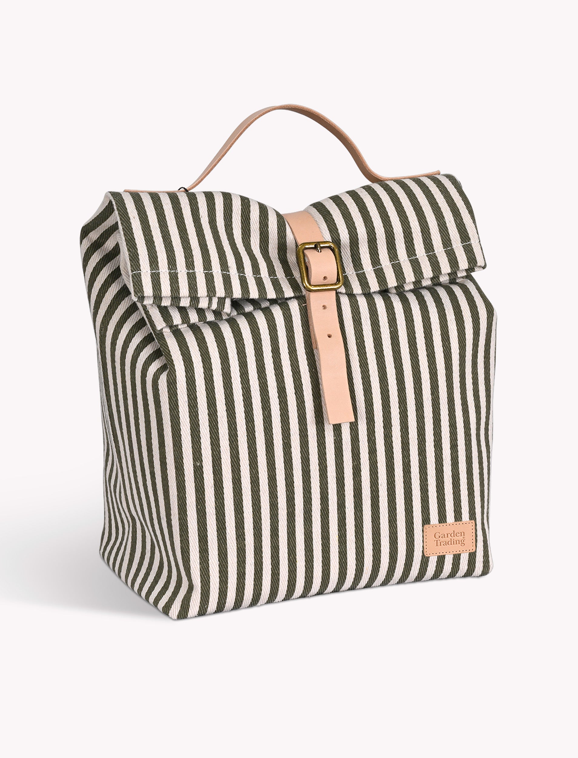 Striped lunch bag with a buckle on a white background