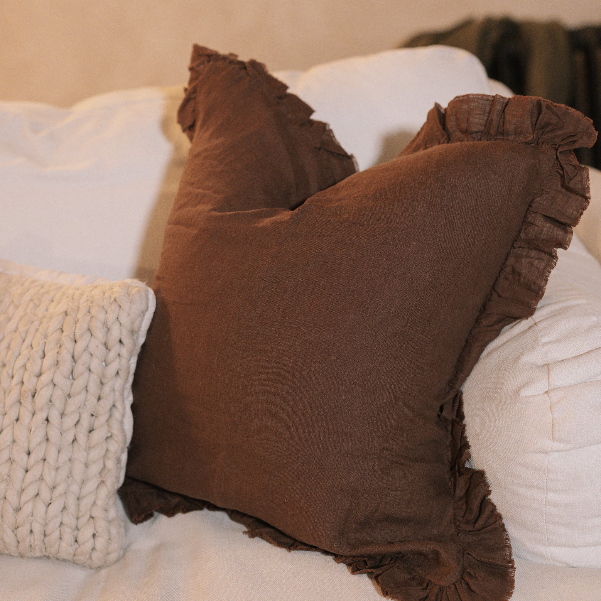 Lucie Linen Brown Striped Ruffle Cushion - 53cm – Silver Mushroom