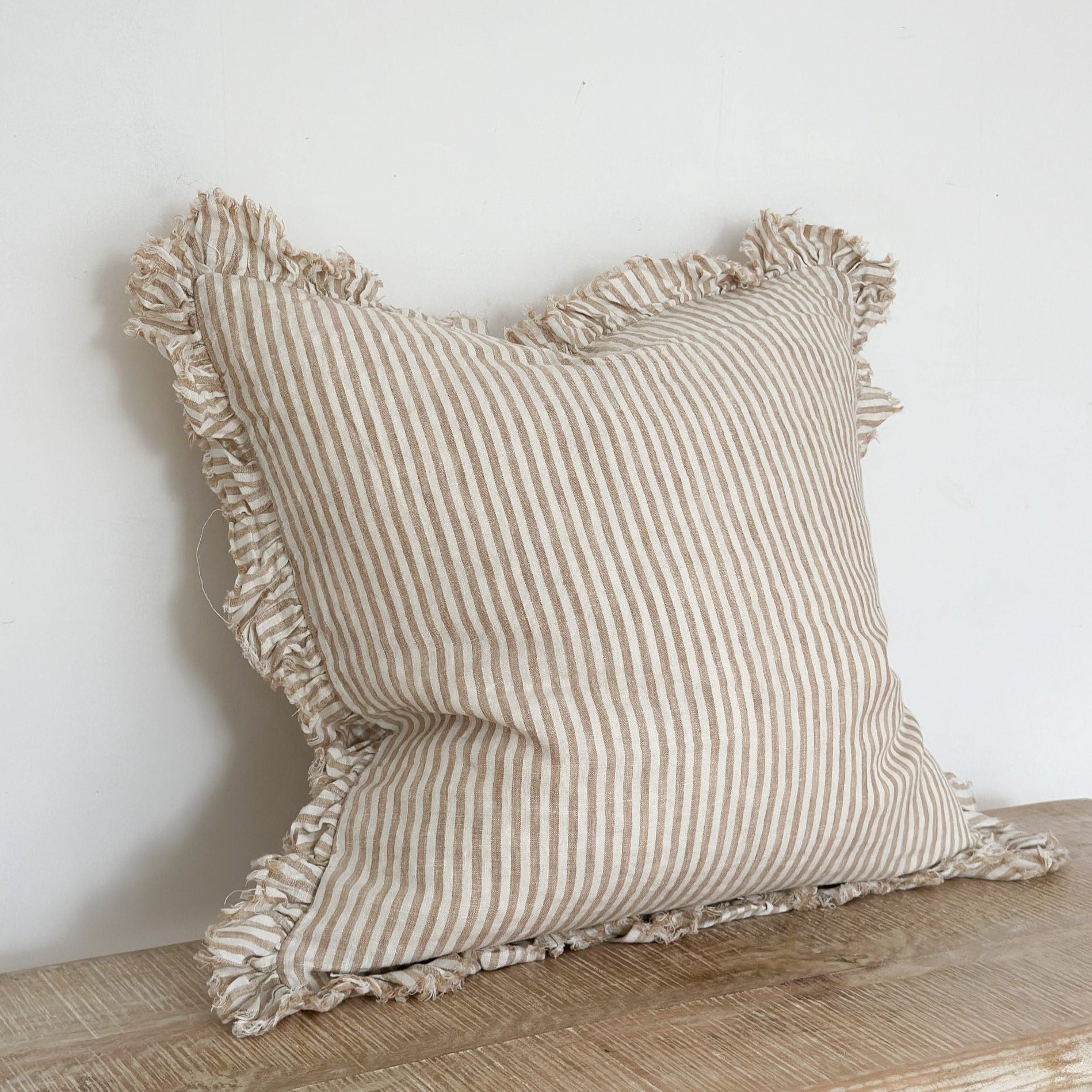 Lucie Linen Brown Striped Ruffle Cushion - 53cm – Silver Mushroom