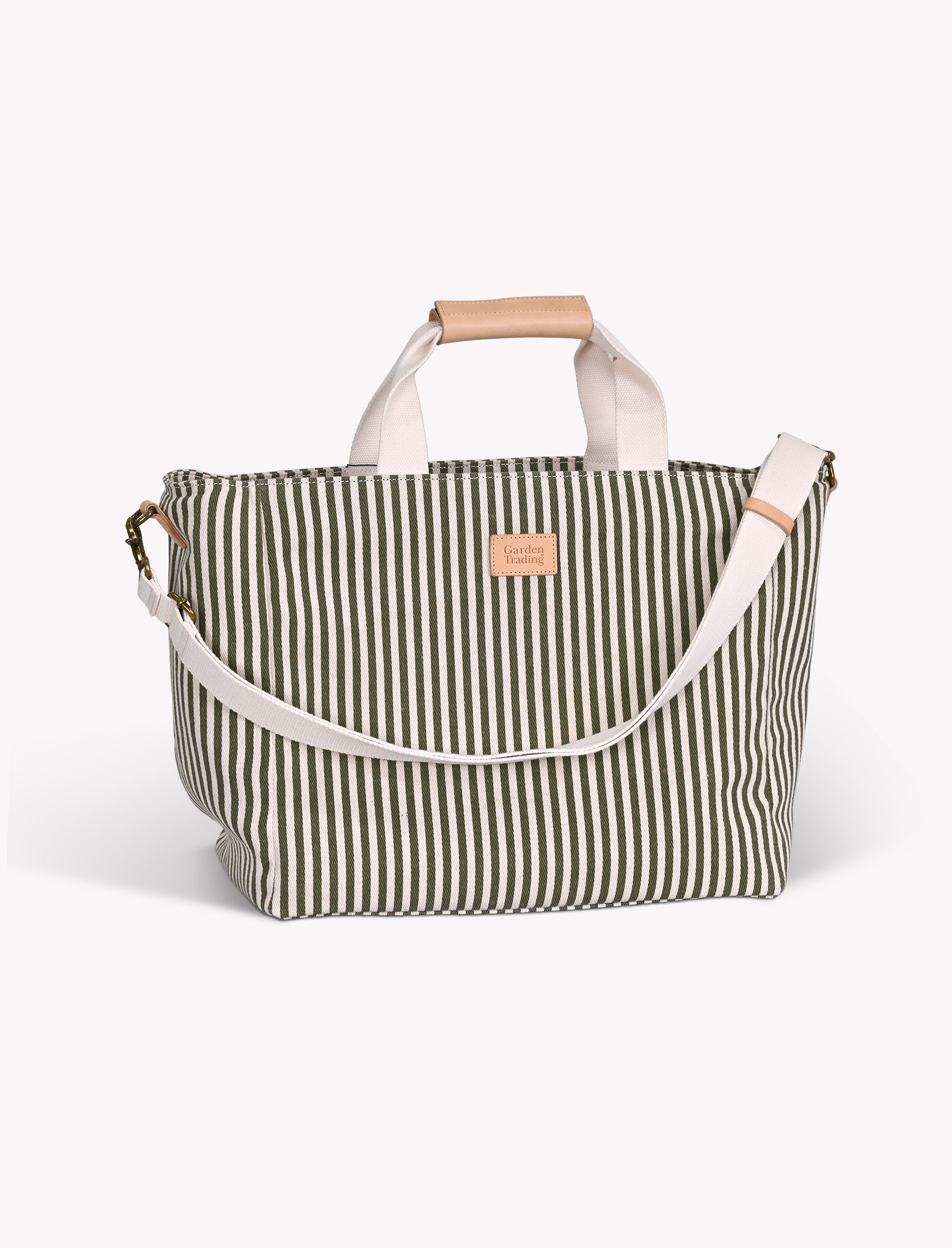 Striped picnic bag with a wooden handle on a white background