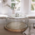 Recycled Glass Cake Dome with wooden base on wooden tale with gingham tea towel.