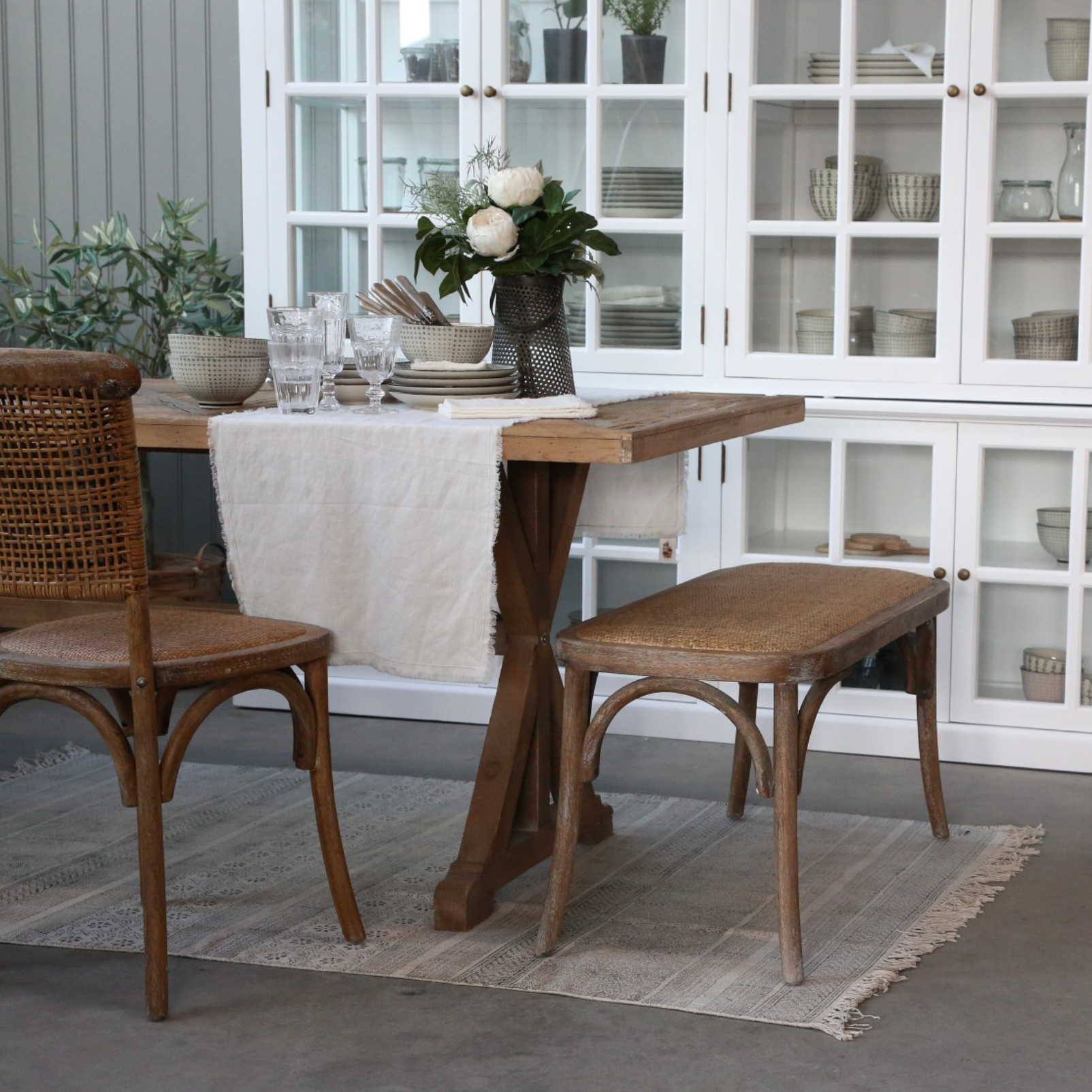 Reclaimed Wood Dining Table with bench and chair.