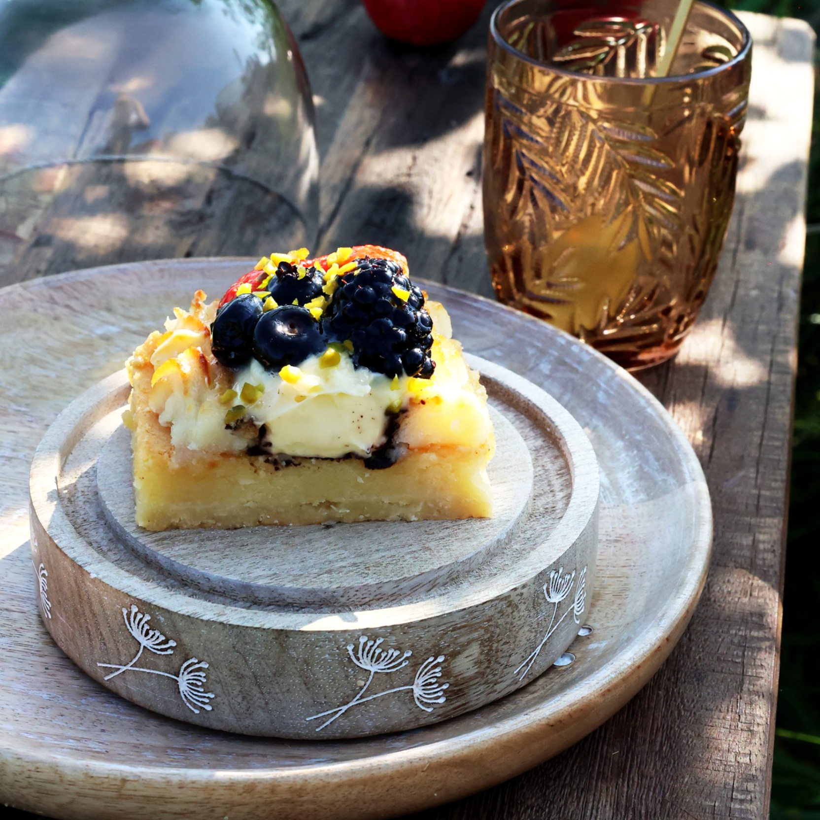 Blueberry tart on a mini Wood & Glass Cloche.