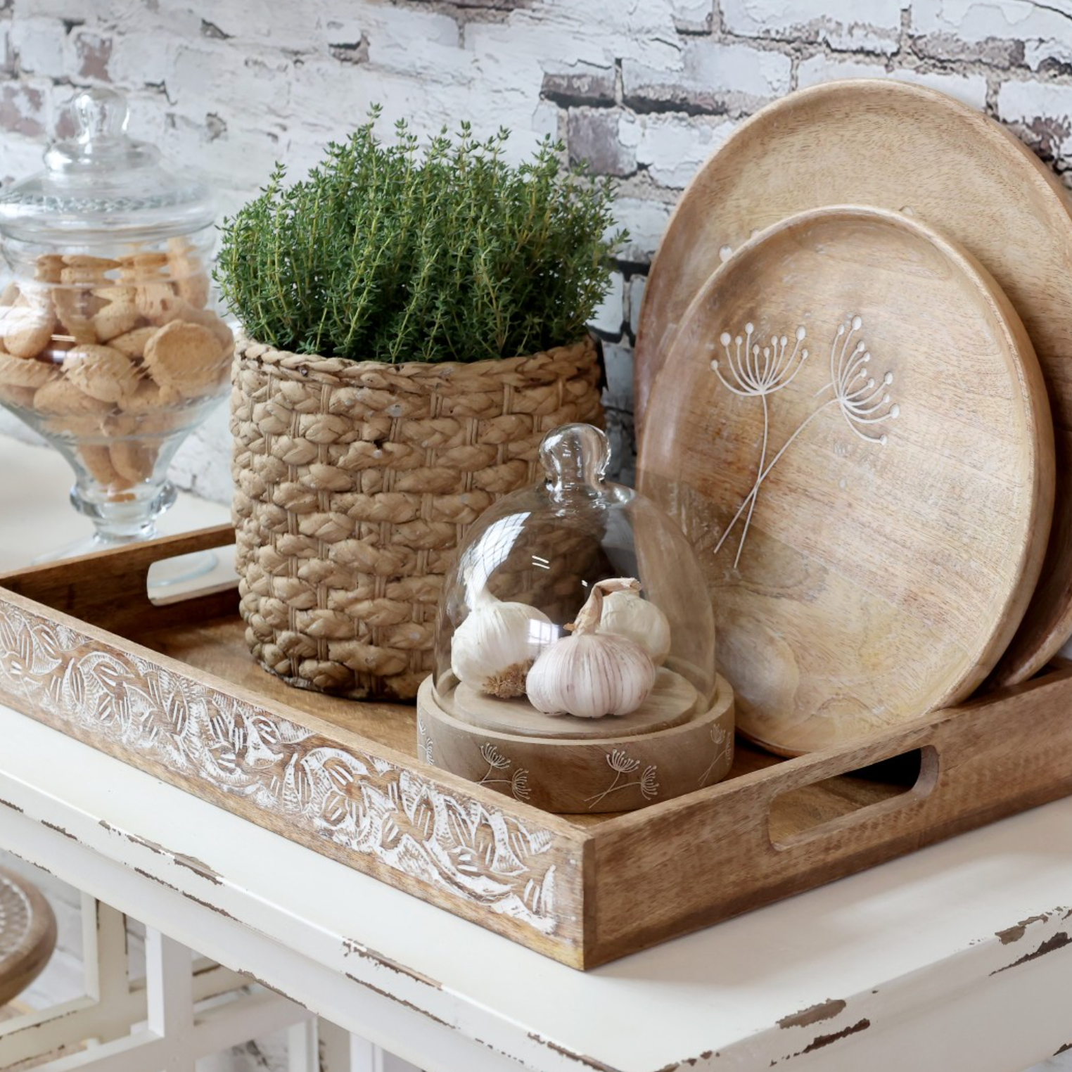 Wood & Glass Cloche with garlic bulbs.
