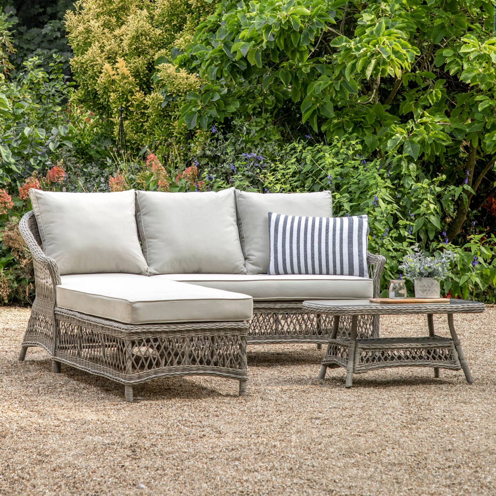 Outdoor Sofa & Chaise Set in garden with flowers