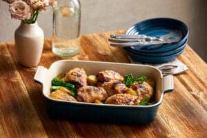 Roasted chicken with vegetables inLe Creuset Stoneware Dish 