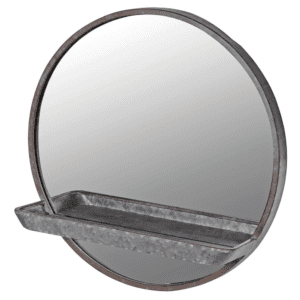Decorate your walls with the Silver Mushroom Label Round Wall Mirror With Shelf