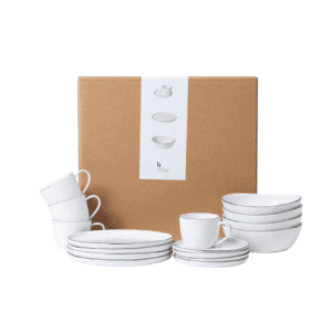 Introducing the Salt Breakfast Set for Four by Broste Copenhagen. This set includes four plates, four bowls and four cups with saucers.
