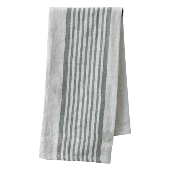 striped white and olive green tea towel