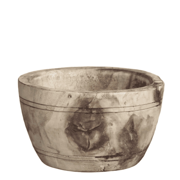 reclaimed wooden bowl with lines on a white background.