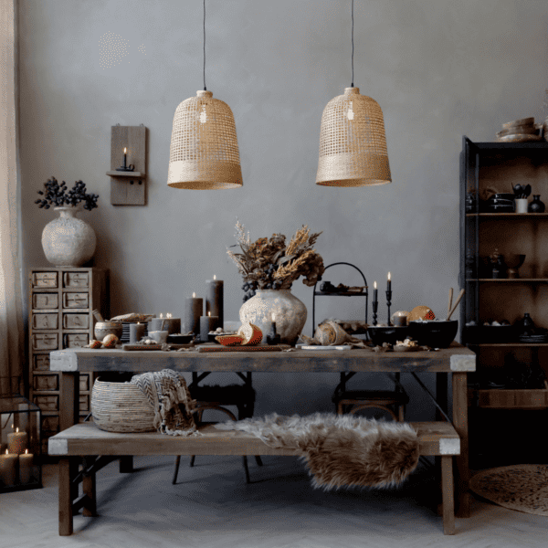 rustic dining scene with earthy tones.