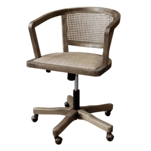 Wooden office chair with a wicker back and metal wheels. Home Office Accessories.