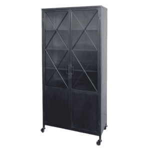 Black Iron and glass display cabinet with wheels.