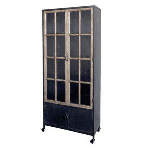 Wooden doors on an iron display cabinet with wheels.