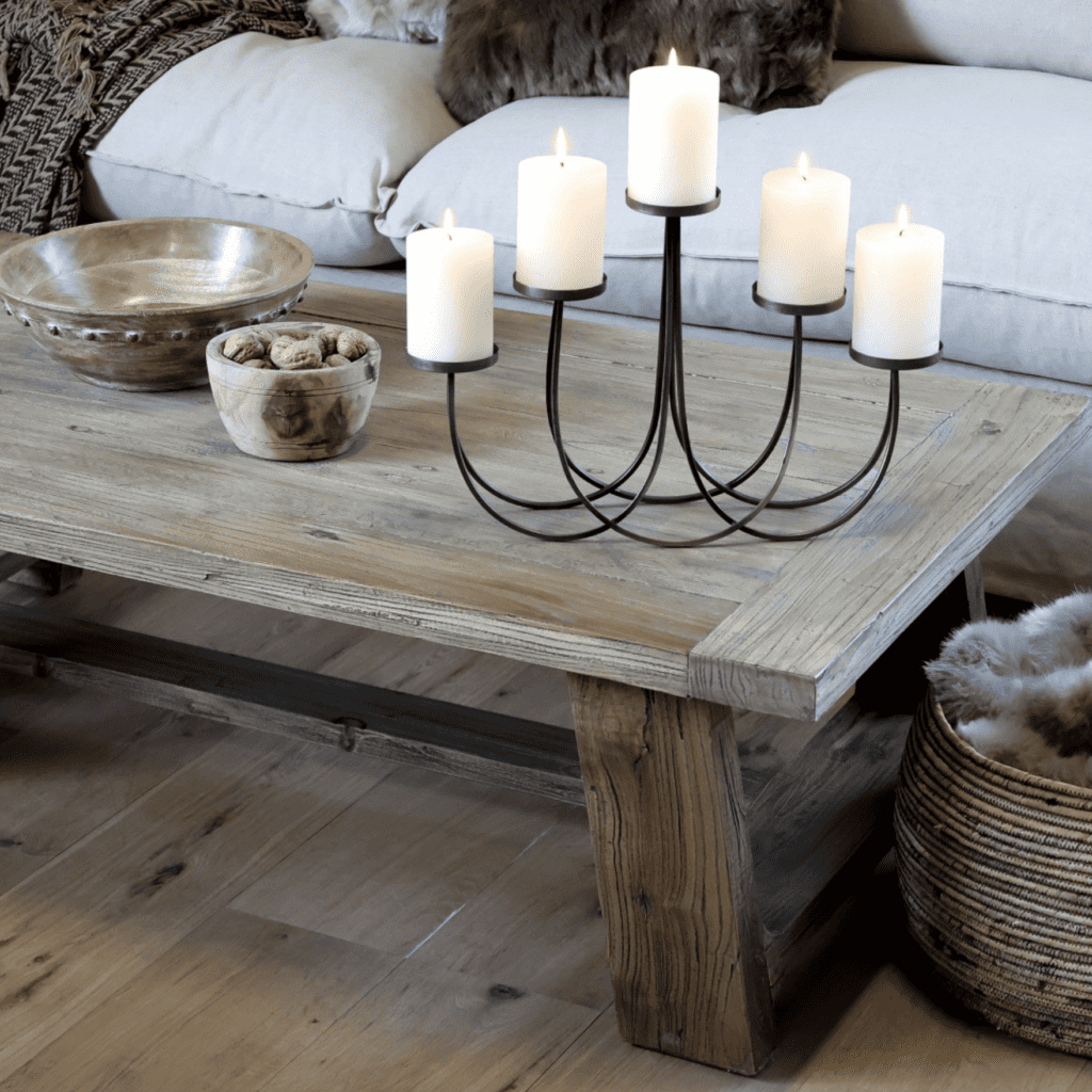 Reclaimed coffee table with candelabra