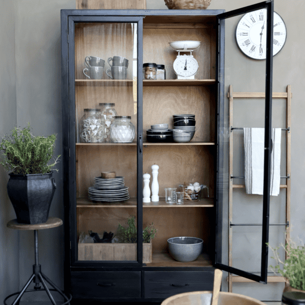Black Display cabinet with wooden interior, displaying kitchen items.