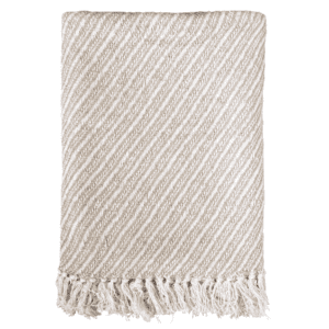 Chic Antique Striped Throw in Latte folded with tassels against white background.