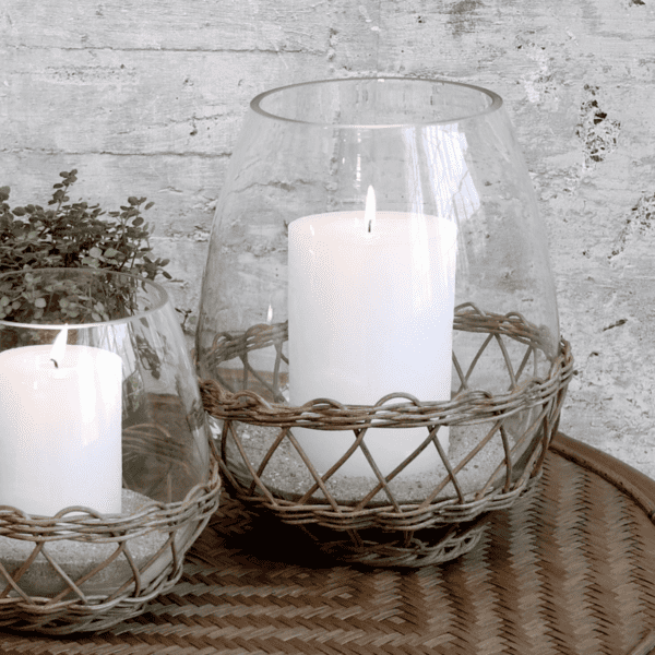 Chic Antique Glass & Wicker Hurricane Candle Holder on a rattan table