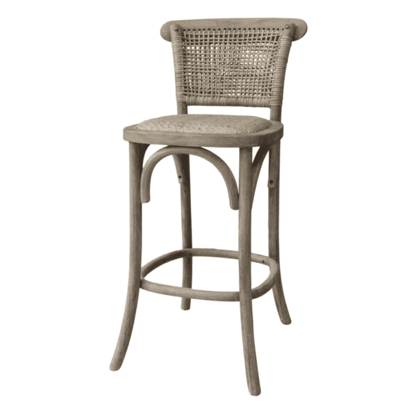 Chic Antique French Bar Stool With Wicker Backrest on white background