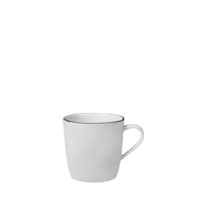 A glazed porcelain mug finished in a classic white with a black rim.
