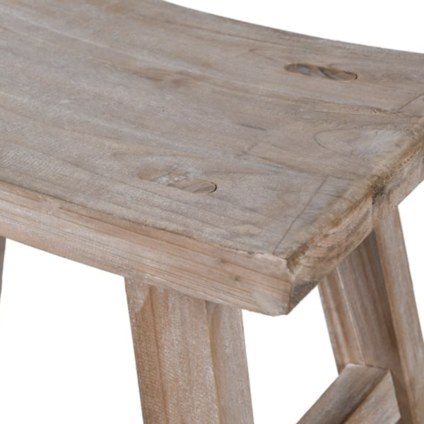 A small rustic stool made from fir wood in a natural tone.